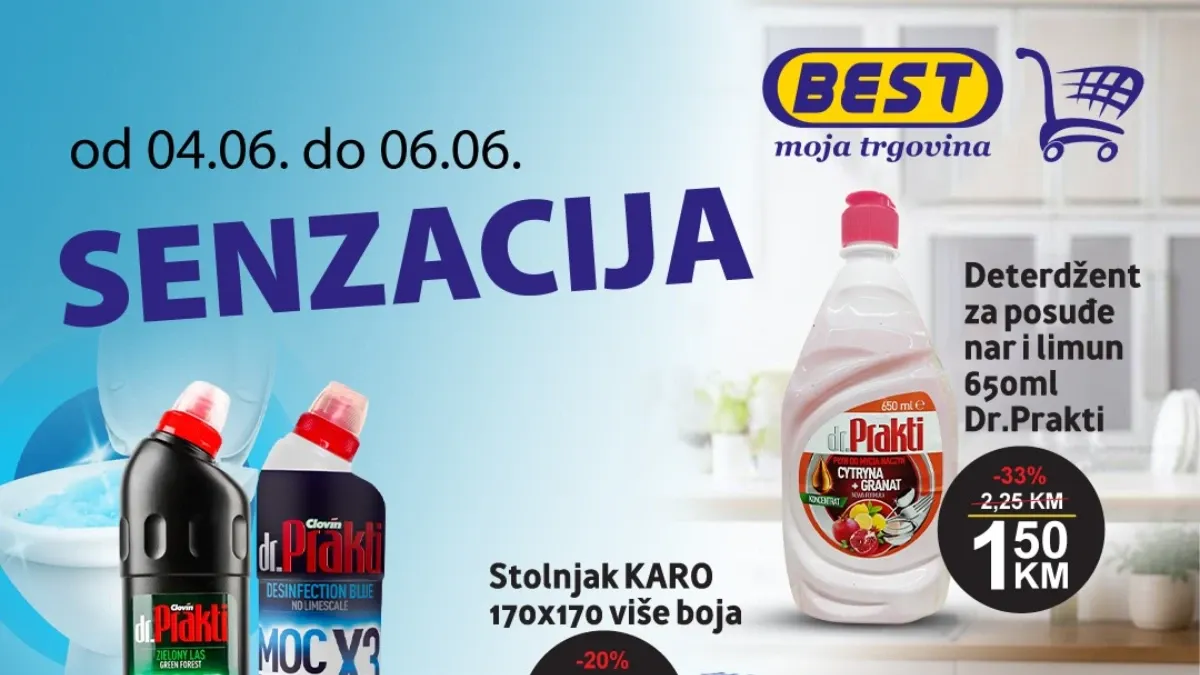 BEST Senzacija akcija do 06.06.2026 – Dr. Prakti deterdžent za posuđe, Dr. Prakti gel za toalete i stolnjaci na sniženju