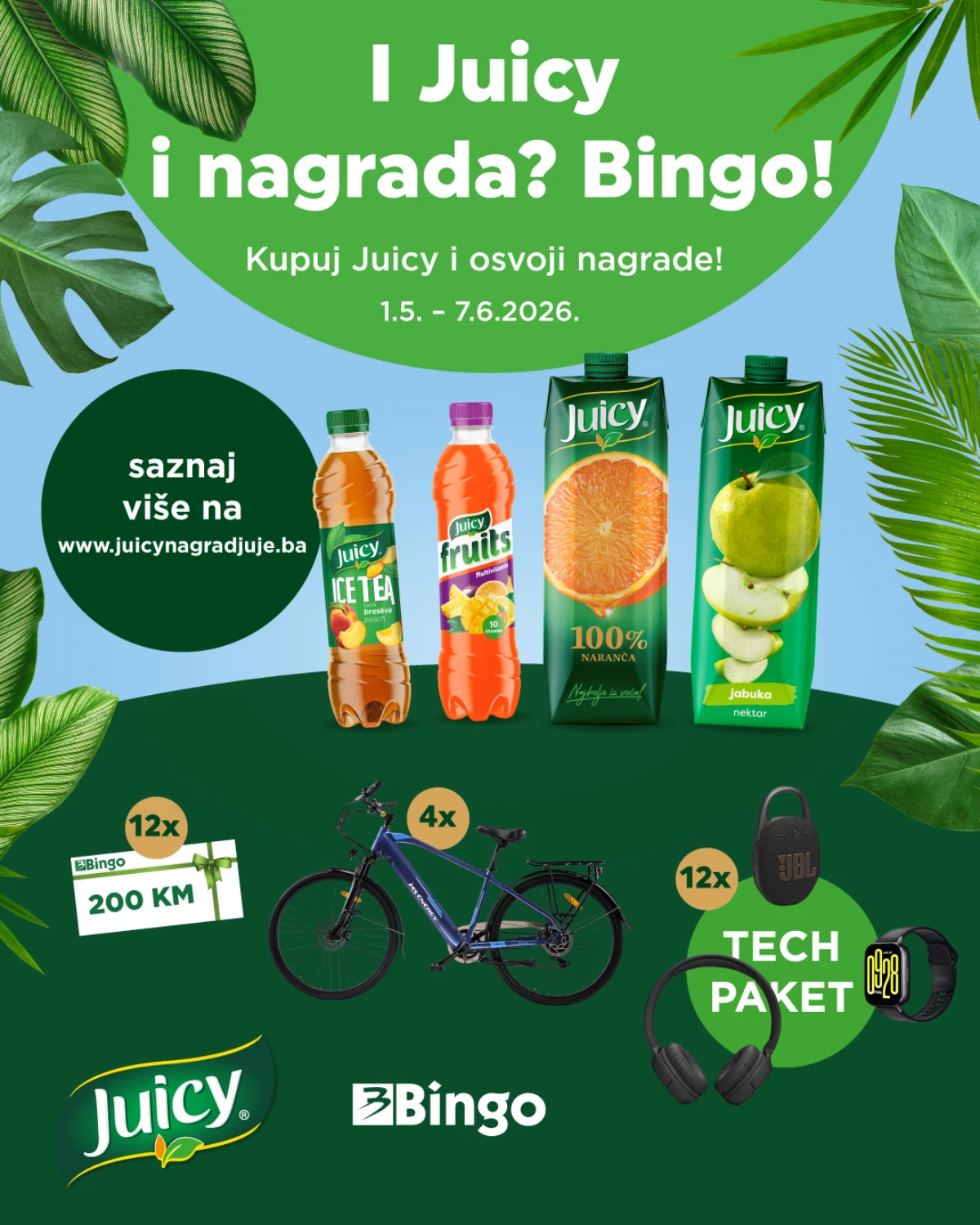 Bingo i Juicy nagradna igra do 07.06.2026 – osvojite bicikl, JBL tech paket i poklon kartice od 200 KM