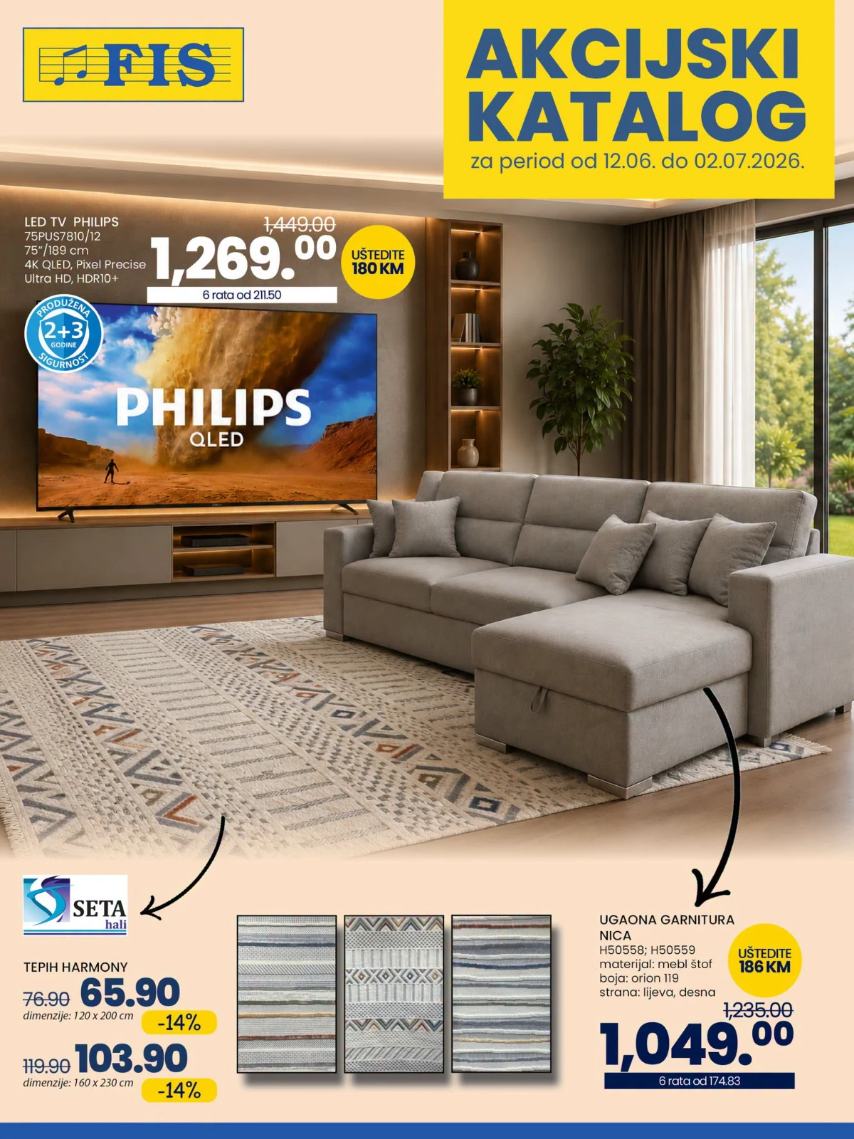 FIS akcijski katalog do 02.07.2026 – Philips QLED televizor, ugaona garnitura i tepisi na akciji