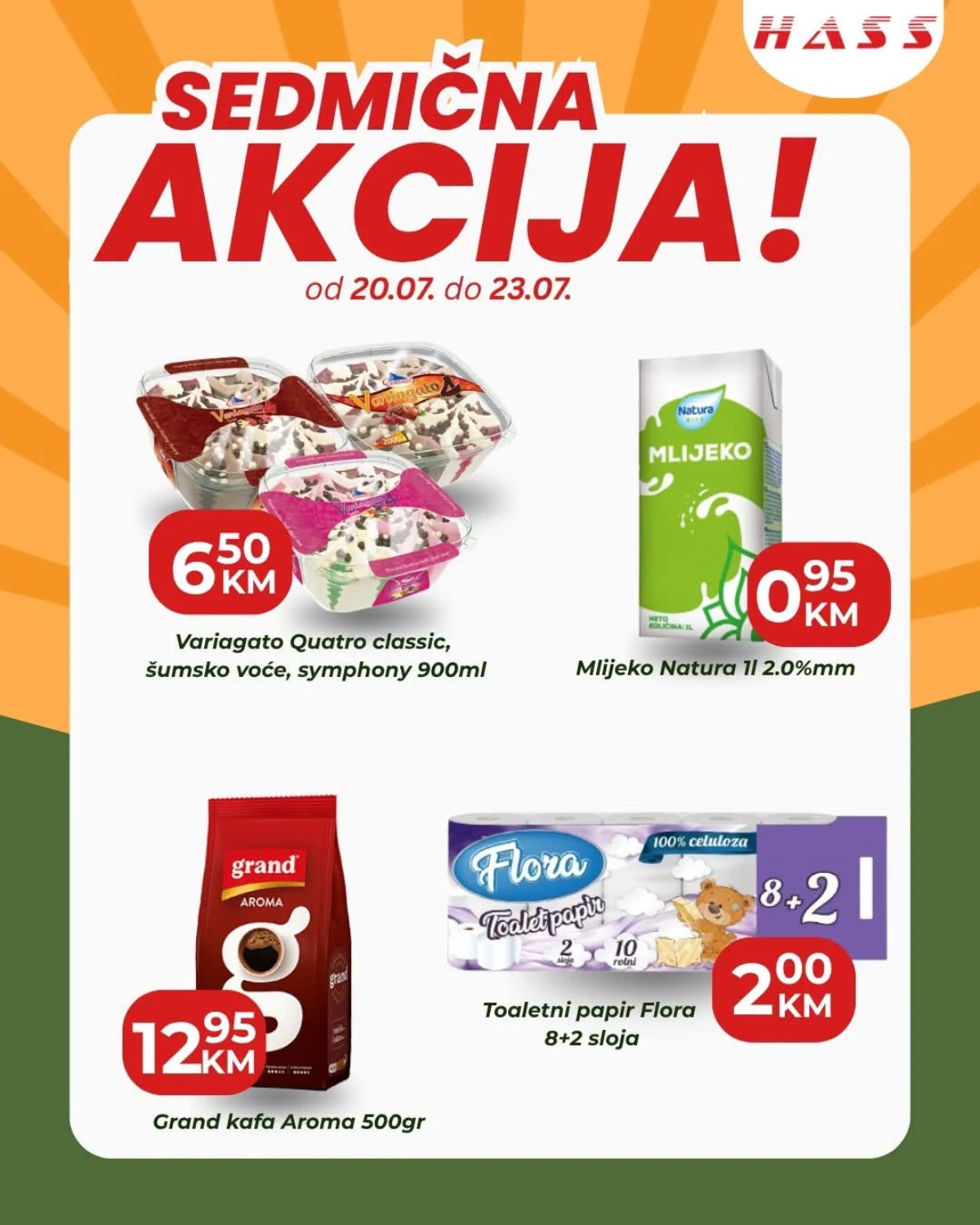HASS sedmična akcija do 23.07.2026. – mlijeko Natura, Grand Aroma kafa, Variagato Quattro sladoled i Flora toalet papir po odličnim cijenama