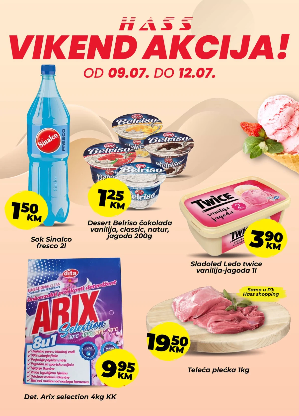 Hass Komerc vikend akcija od 09. do 12.07.2026. – super cijene na piće, desert, sladoled, deterdžent i teleće meso