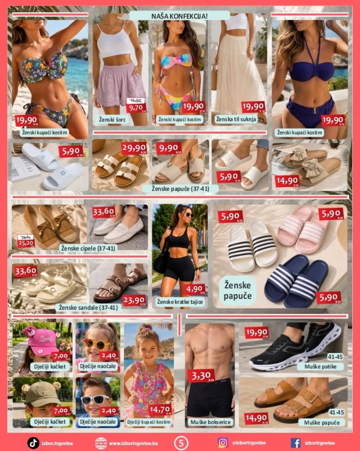 Izbor trgovine ljetna moda – kupaći kostimi, papuče, sandale i patike