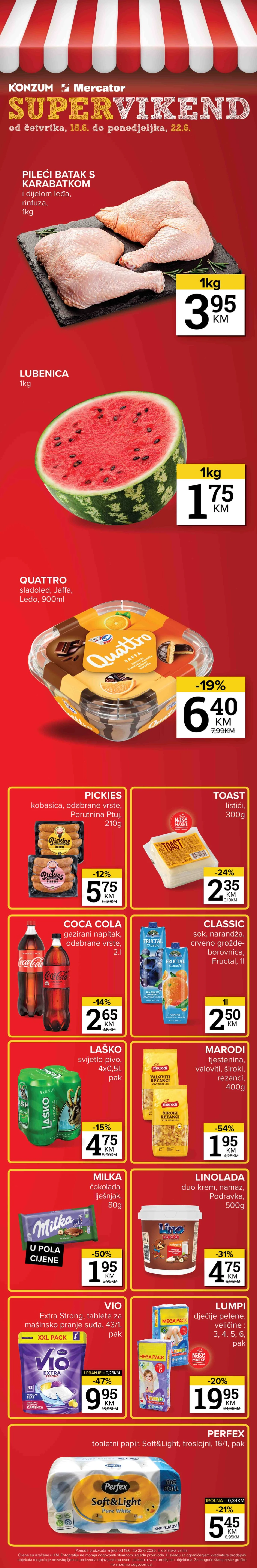 Konzum i Mercator Super Vikend akcija do 54% popusta i cijene od 1,75 KM do 22.06.2026