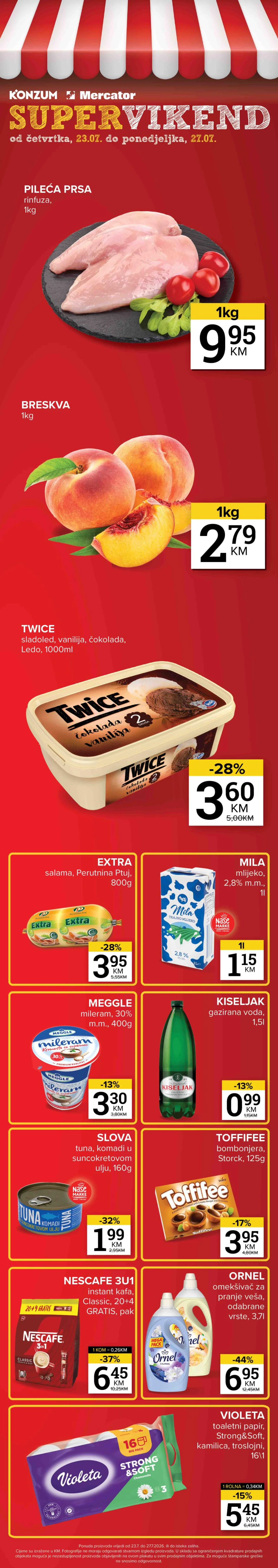 Konzum i Mercator SUPER Vikend donosi sniženja do 44% na prehranu, piće i proizvode za domaćinstvo do 27.07.2026.