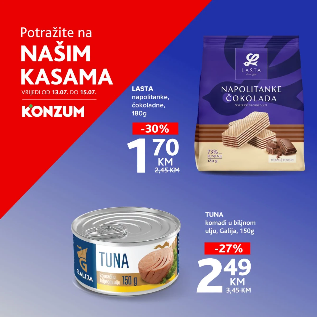 Konzum 'Potražite na našim kasama' akcija donosi popuste do 30% od 13. do 15.07.2026.