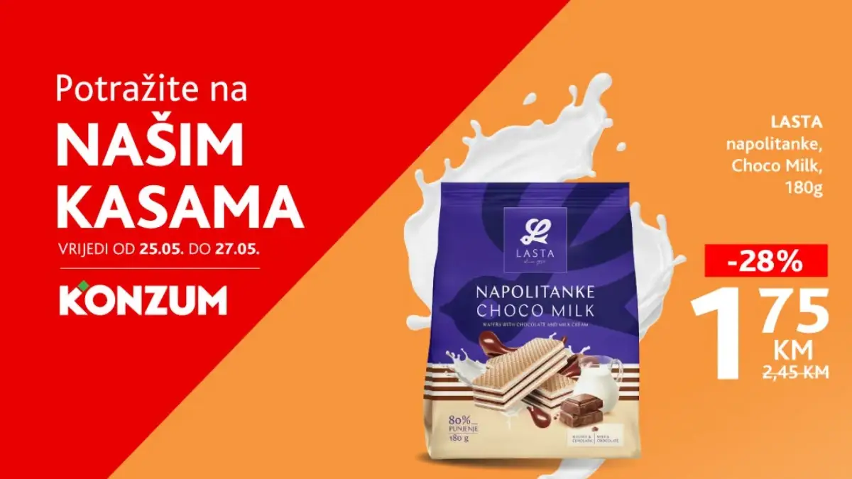 Konzum i Mercator prodaja na kasama do 27.05.2026 – Lasta napolitanke Choco Milk 1,75 KM i Trend kompot 3,45 KM