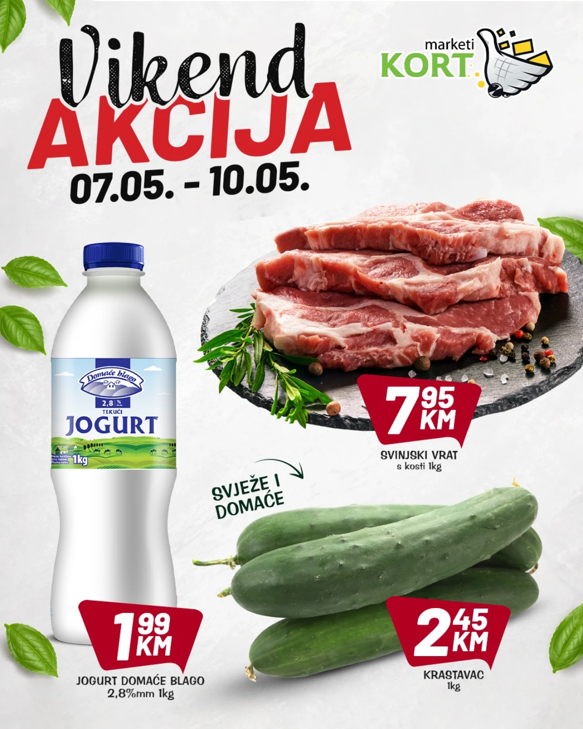 Kort vikend akcija maj 2026 – svinjski vrat, jogurt i krastavac na sniženju