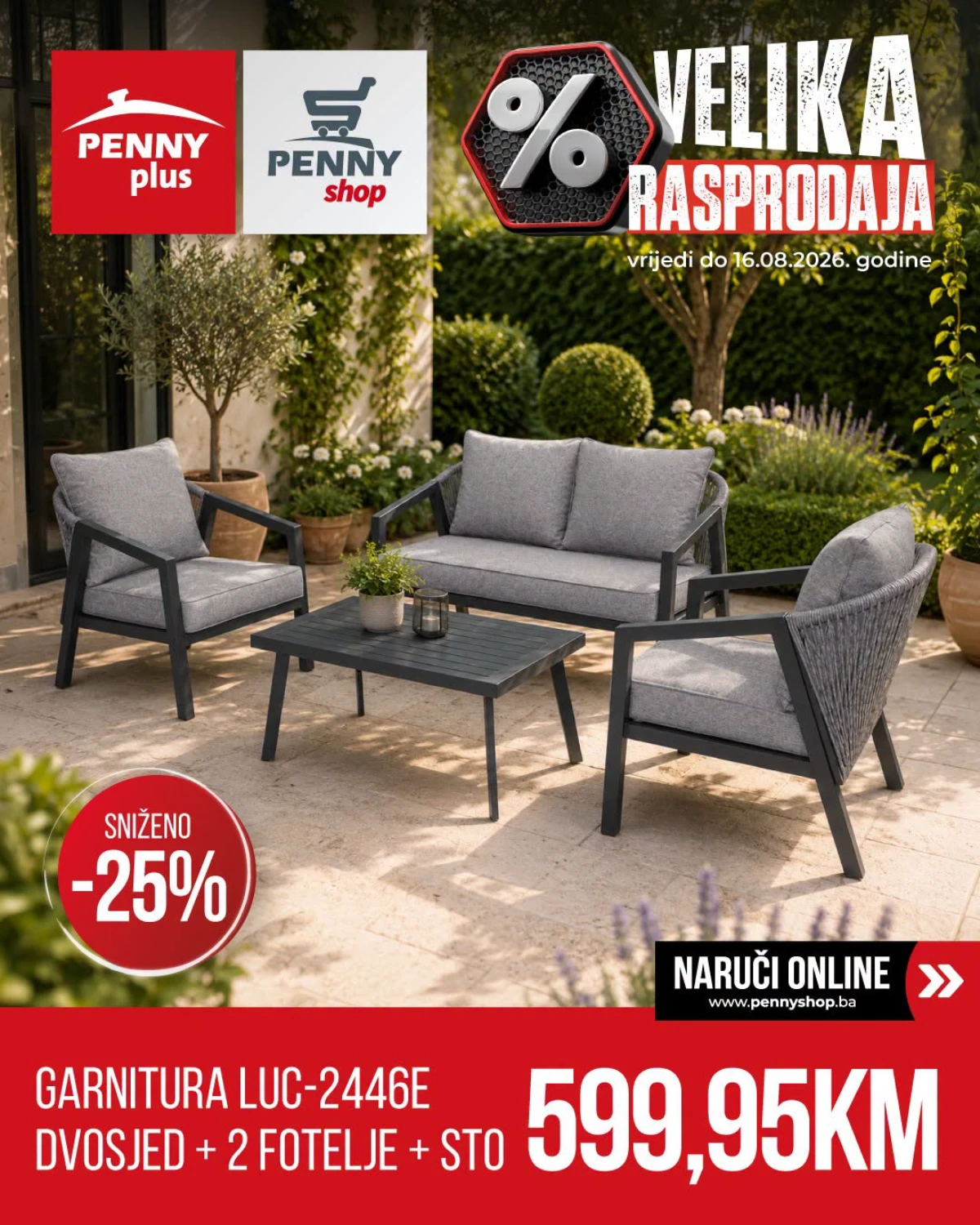 Penny Plus vrtna garnitura LUC-2446E sa dvosjedom, dvije fotelje i stolom uz popust od 25%.