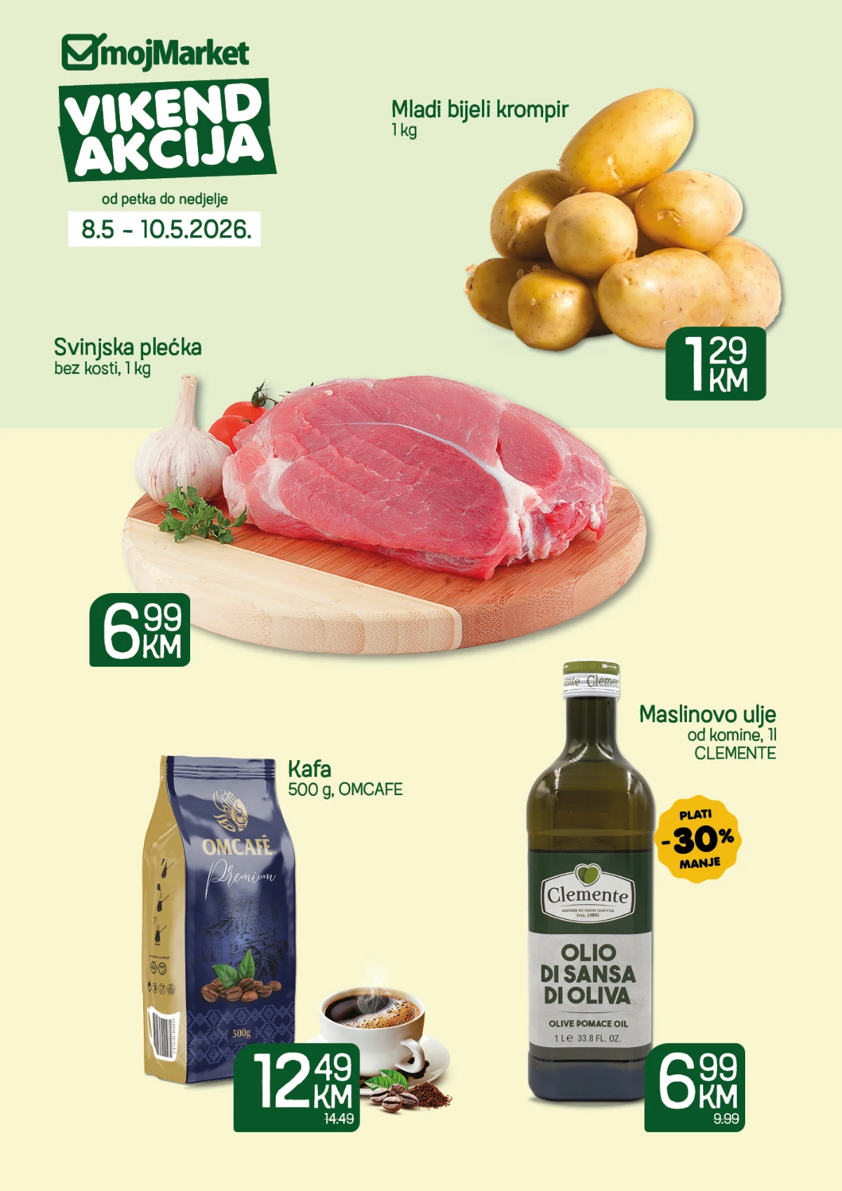 Moj Market vikend akcija – mladi krompir 1,29 KM, OMCafe kafa 12,49 KM i Clemente maslinovo ulje uz 30% popusta
