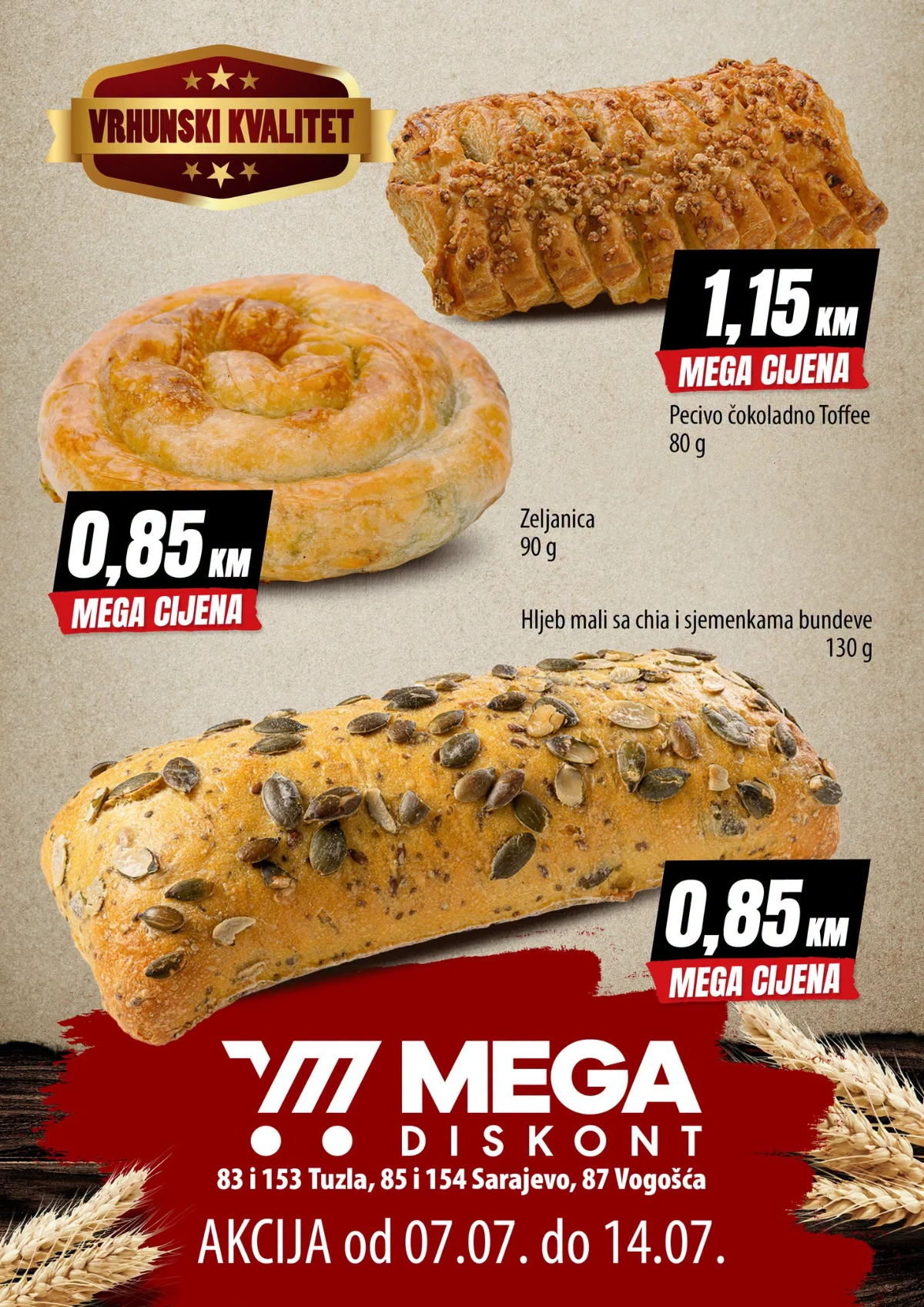 Mega Diskont pekara akcija od 07.07. do 14.07.2026. – svježi pekarski proizvodi po cijenama od 0,85 KM