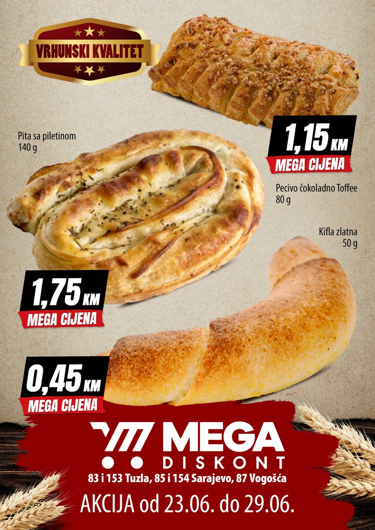 Mega Diskont pekara akcija do 29.06.2026 – pita sa piletinom, čokoladno pecivo i kifla po Mega cijenama